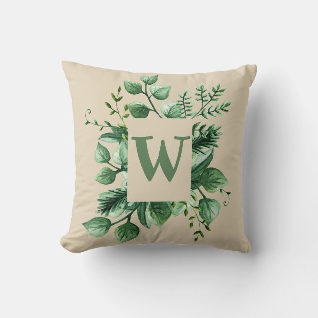 ADD LETTER -  Monogram Initial Leafy Greenery Home Cushion (Front)