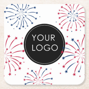 Add Logo 4th of July Business Company Fireworks Square Paper Coaster