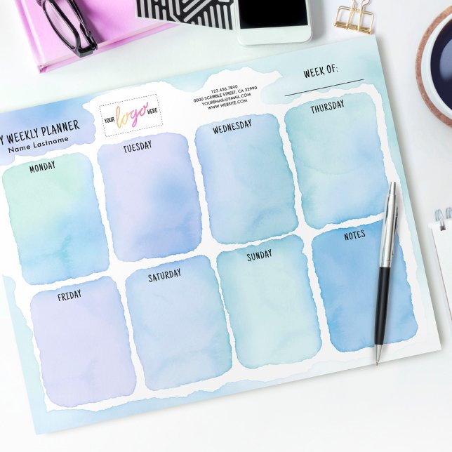 Add Logo Artistic Blue Watercolor Weekly Planner Notepad (Creator Uploaded)
