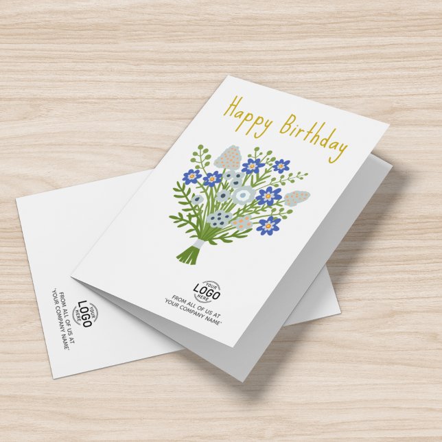 Add Logo Blue White Folk Flowers Business Birthday Card (Creator Uploaded)