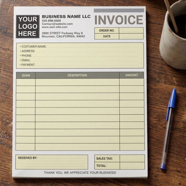 Add Logo Business Sales Form / Receipt | Large Notepad (custom logo cash payment receipt, large printable pastry invoice template)