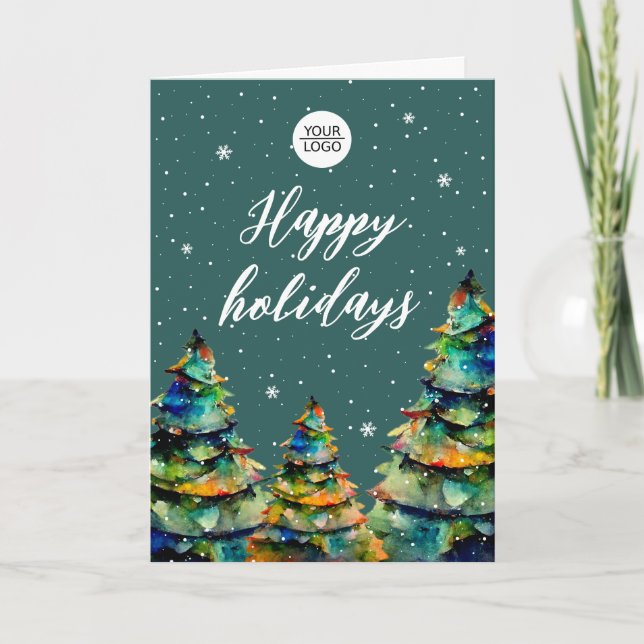 Add Logo Custom Text Christmas Tree Customer  Holiday Card (Front)
