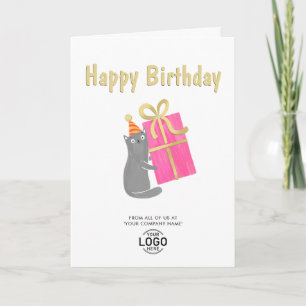 Add Logo Cute Cat Big Pink Gift Business Birthday Card