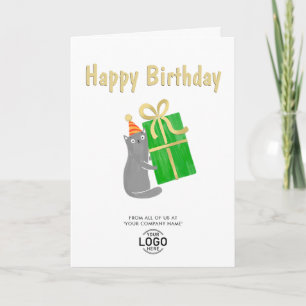 Add Logo Cute Cat Green Gift Business Birthday Card