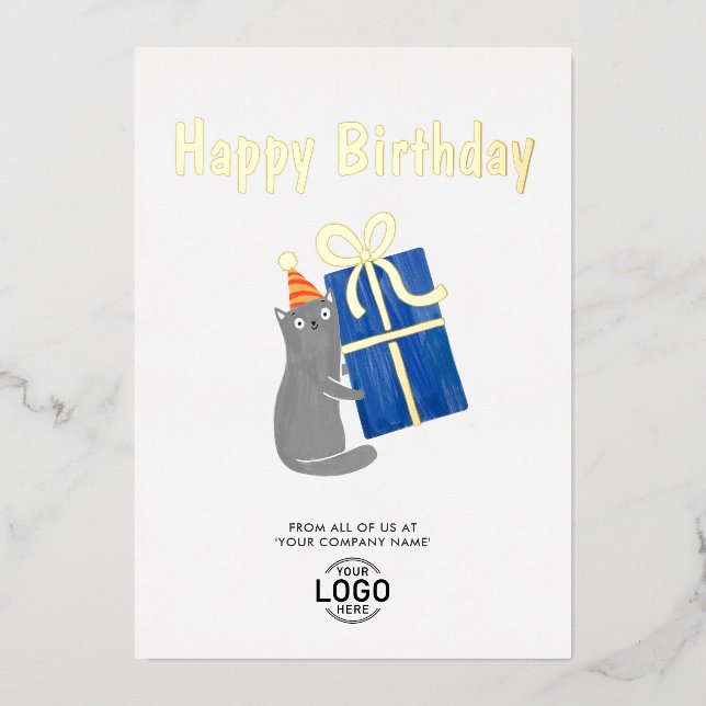 Add Logo Cute Cat Navy Blue Gift Business Birthday (Front)