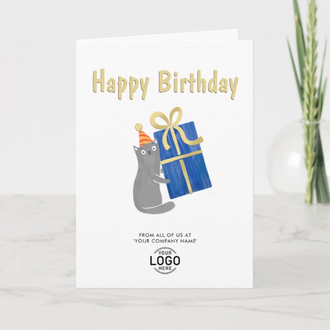 Add Logo Cute Cat Navy Blue Gift Business Birthday Card (Front)