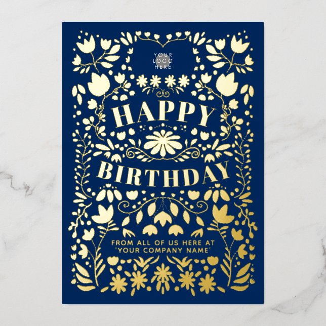 Add Logo Folk Flowers Business Navy Gold Foil Card (Front)