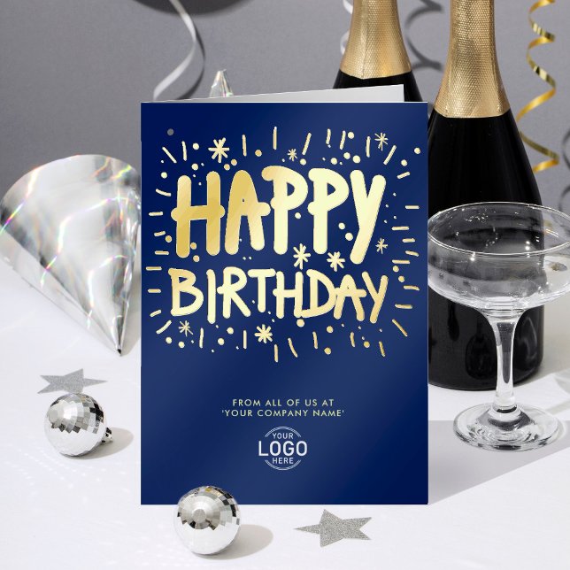 Add Logo Fun Navy Blue Doodle Happy Birthday Gold Foil Greeting Card (Creator Uploaded)