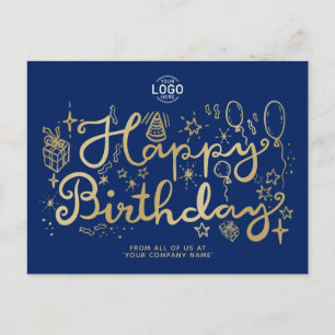 Add Logo Gold Navy Blue Business Happy Birthday Holiday Postcard