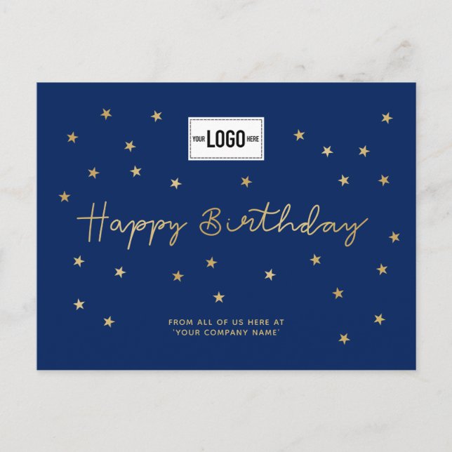 Add Logo Gold Stars Blue Business Happy Birthday Holiday Postcard (Front)