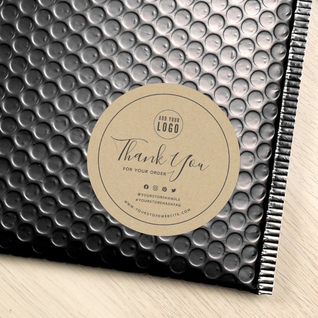 Add Logo Grey Border Social Media Thank You Kraft Classic Round Sticker (Creator Uploaded)