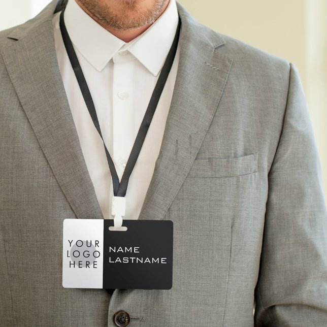 Add Logo Horizontal Simple Modern Black White Name ID Badge (Creator Uploaded)