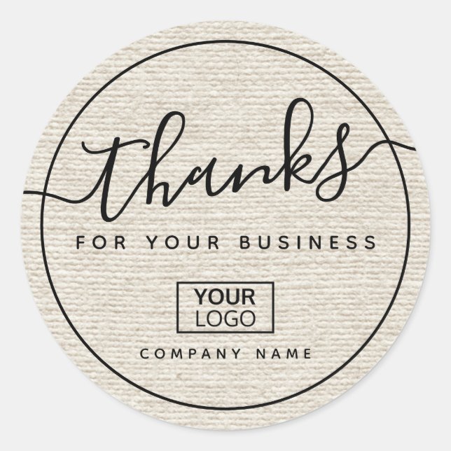 Add logo light tan linen look business thank you classic round sticker (Front)