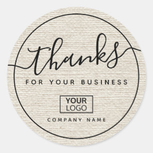 Add logo light tan linen look business thank you classic round sticker
