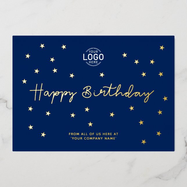 Add Logo Minimal Gold Stars Blue Office Birthday (Front)