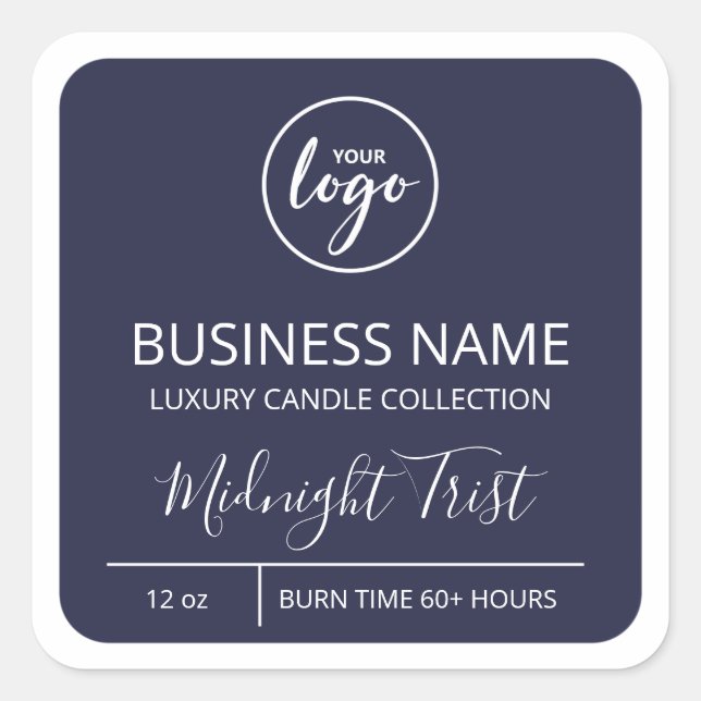 Add Logo Modern Navy Blue Soy Candle Labels (Front)