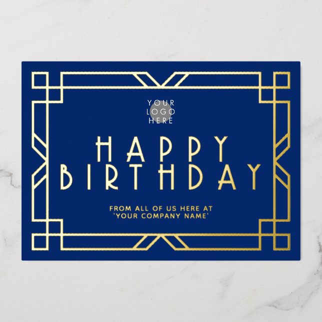 Add Logo Navy Blue Art Deco Business Birthday Gold (Front)