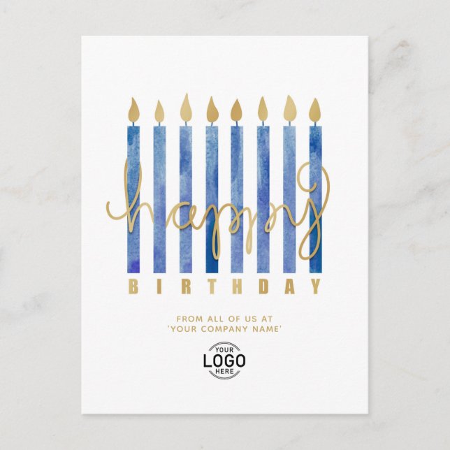 Add Logo Navy Blue Candles Business Happy Birthday Holiday Postcard (Front)