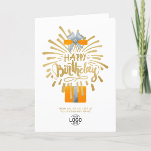 Add Logo Orange Gift Fireworks Business Birthday Card