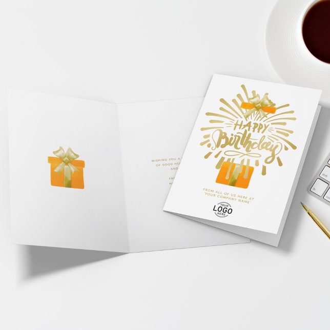Add Logo Orange Gift Gold Fireworks Group Birthday Card (Creator Uploaded)