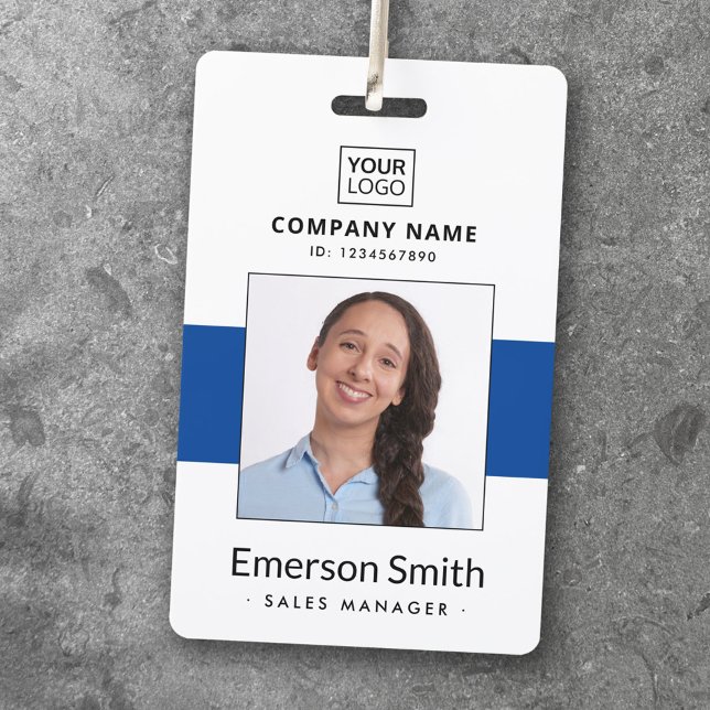 Add logo photo blue white employee name title id badge (Creator Uploaded)