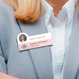 Add Logo Photo Modern Blush Pink White Business Name Tag