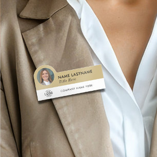 Add Logo Photo Title Stylish Beige Gold Employee Name Tag