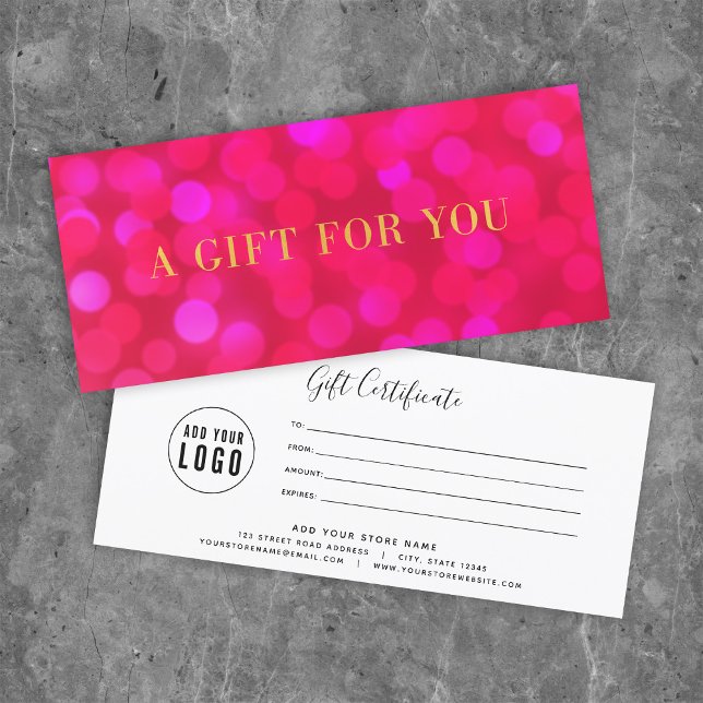 Add Logo Pink Bokeh Lights Gold Gift Certificate (Creator Uploaded)