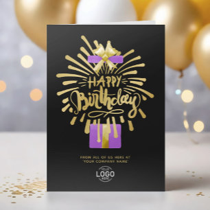Add Logo Purple Gift Gold Fireworks Group Birthday Card