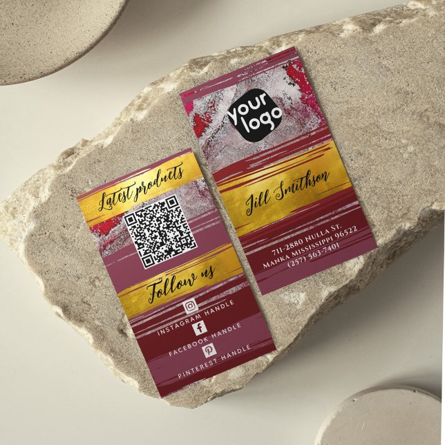  Add Logo QR Code & Social Media Bordeaux Red Gold Business Card (Creator Uploaded)