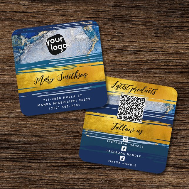 Add Logo, QR Code & Social Media Gold & Navy Blue Square Business Card (Creator Uploaded)