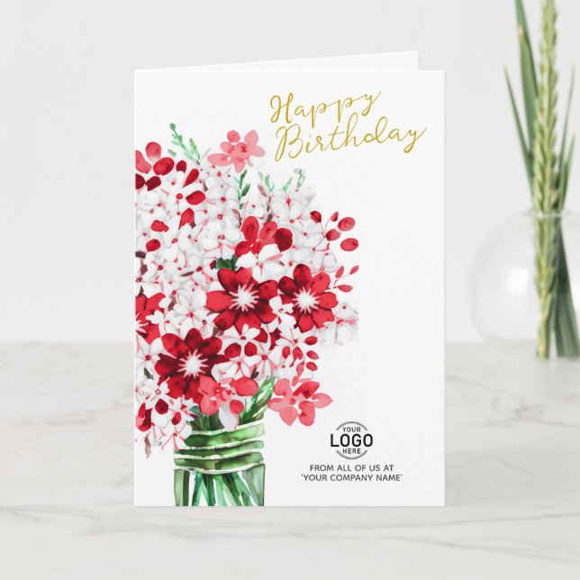 Add Logo Red White Flowers Business Birthday Card (Front)