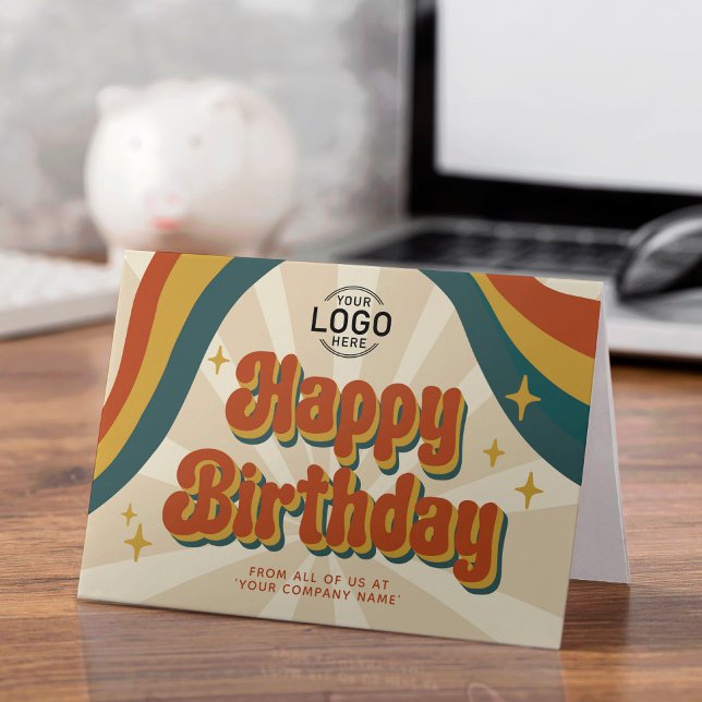 Add Logo Retro Corporate Business Happy Birthday Card (Creator Uploaded)