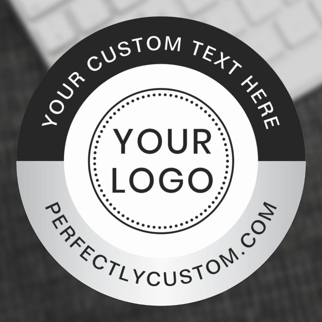 Add logo text light gray gradient black business classic round sticker (Custom logo sticker with black and silver gray gradient border)