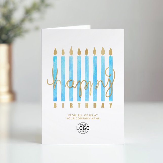 Add Logo Turquoise Candles Business Happy Birthday Card (Creator Uploaded)