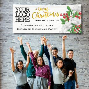 Add Logo Watercolor Floral   Gold Merry Christmas Banner