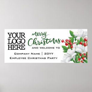Add Logo Watercolor Floral  Green Merry Christmas Poster