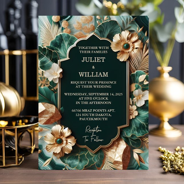 Add Marble Monstera Emerald Green And Gold Wedding Invitation (Creator Uploaded)