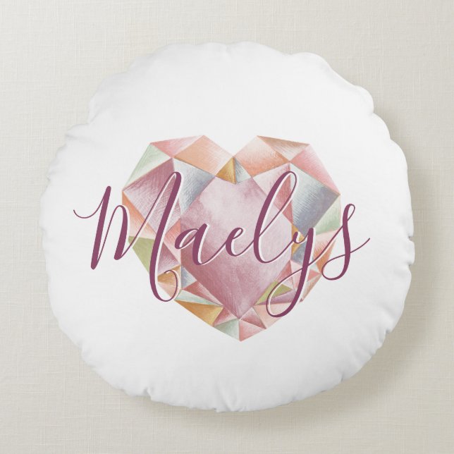 Add Monogram Or Name Cute Blush Pink Heart Diamond Round Cushion (Front)
