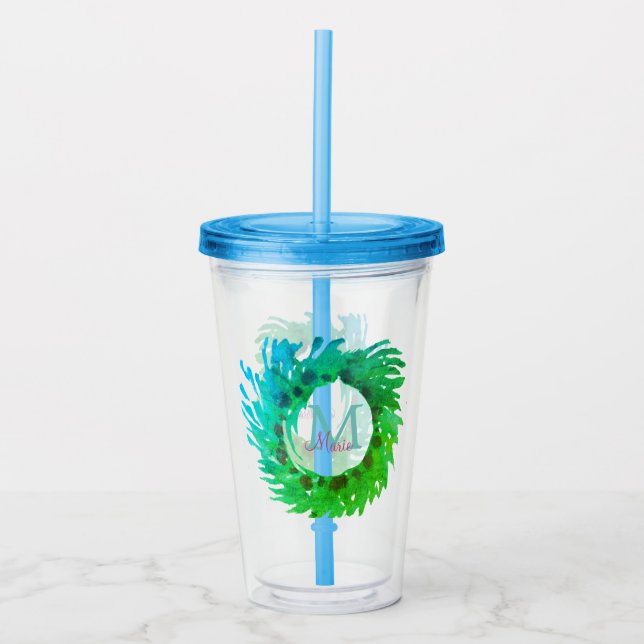 Add monogram pink green green Christmas wreath Acrylic Tumbler