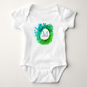 Add monogram pink green green Christmas wreath Baby Bodysuit