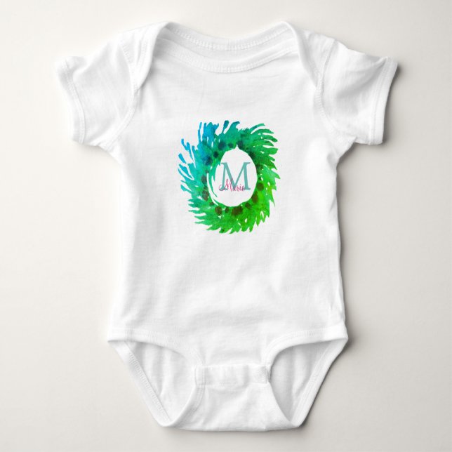 Add monogram pink green green Christmas wreath Baby Bodysuit (Front)