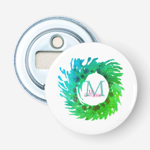 Add monogram pink green green Christmas wreath Bottle Opener
