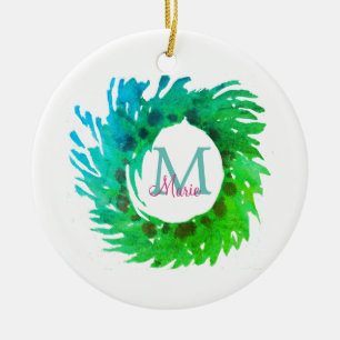 Add monogram pink green green Christmas wreath Ceramic Ornament