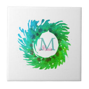 Add monogram pink green green Christmas wreath Ceramic Tile
