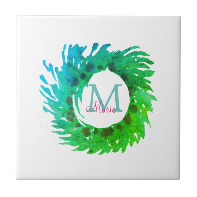 Add monogram pink green green Christmas wreath Ceramic Tile (Front)
