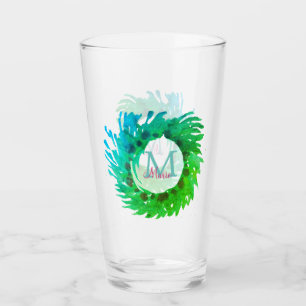 Add monogram pink green green Christmas wreath Glass