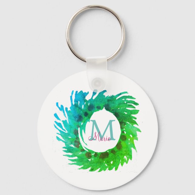 Add monogram pink green green Christmas wreath Key Ring (Front)