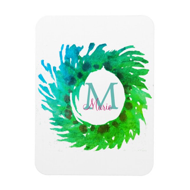 Add monogram pink green green Christmas wreath Magnet (Vertical)