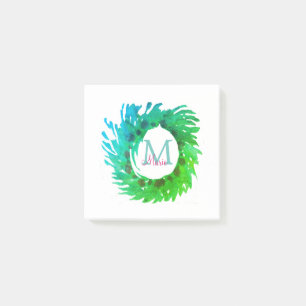 Add monogram pink green green Christmas wreath Post-it Notes